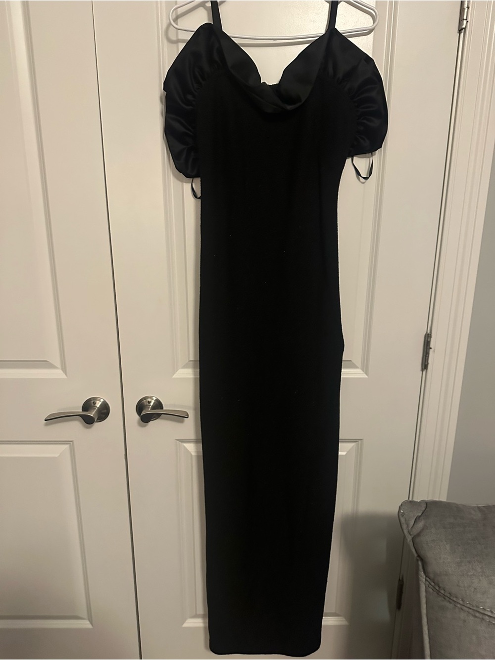 St. John Black Satin-Trim Cowl Neck Maxi Dress